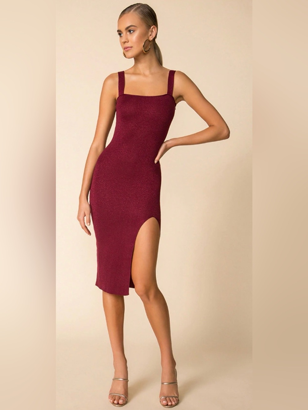 Superdown Burgundy/gold Zoe Square-Neck body on knit Midi Dress with Side Slit